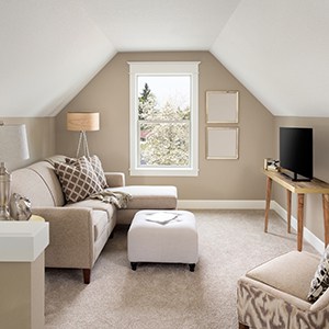 carpet flooring in a modern style living room with a beige couch and tv