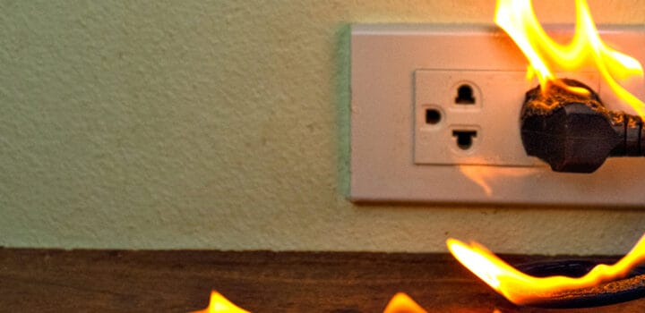 electric wall plug on fire