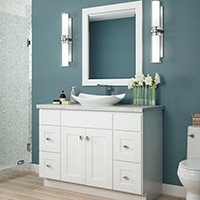 white bathroom vanity with mirror
