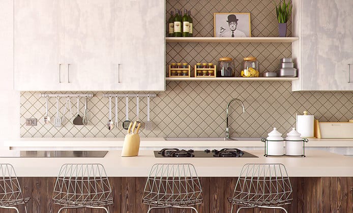 a contemporary white and brown kitchen design with floating shelves and island seating